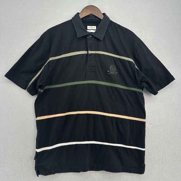 Y2K Marc Ecko Polo Shirt Black Striped 3D‎ Skull Mens XL Cut & Sew Loose SK8 VTG - Picture 1 of 8